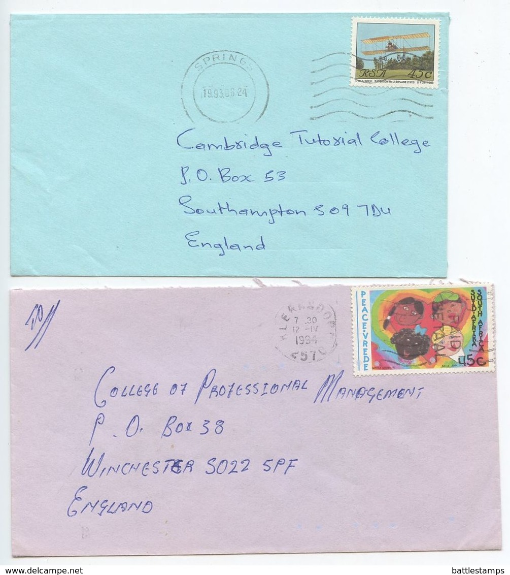 South Africa 1993-94 2 Covers Springs & Klerksdorp To Southampton & Winchester UK - Covers & Documents