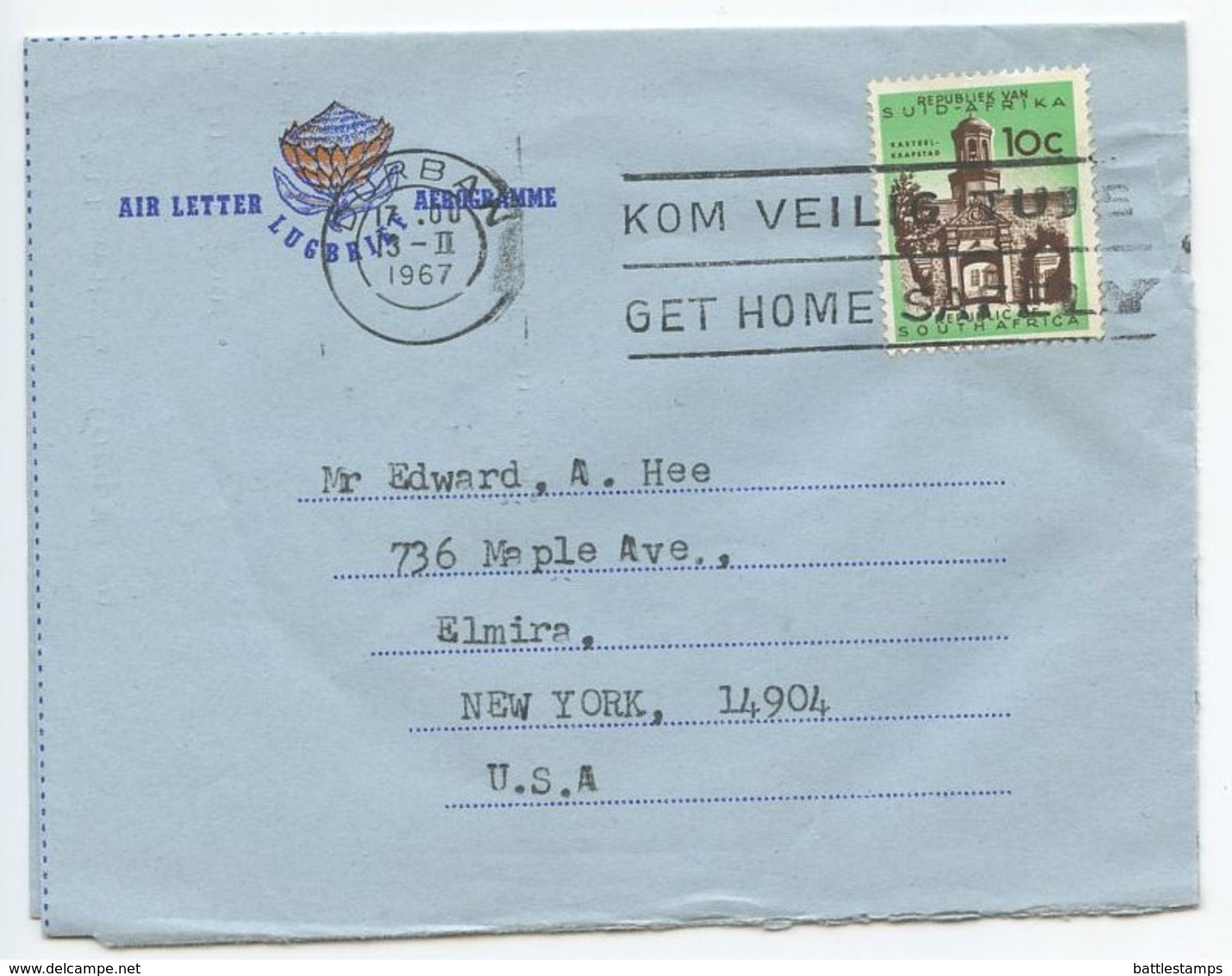 South Africa 1967 Aerogramme Durban To Elmira NY, Scott 262 Cape Town Castle - Covers & Documents