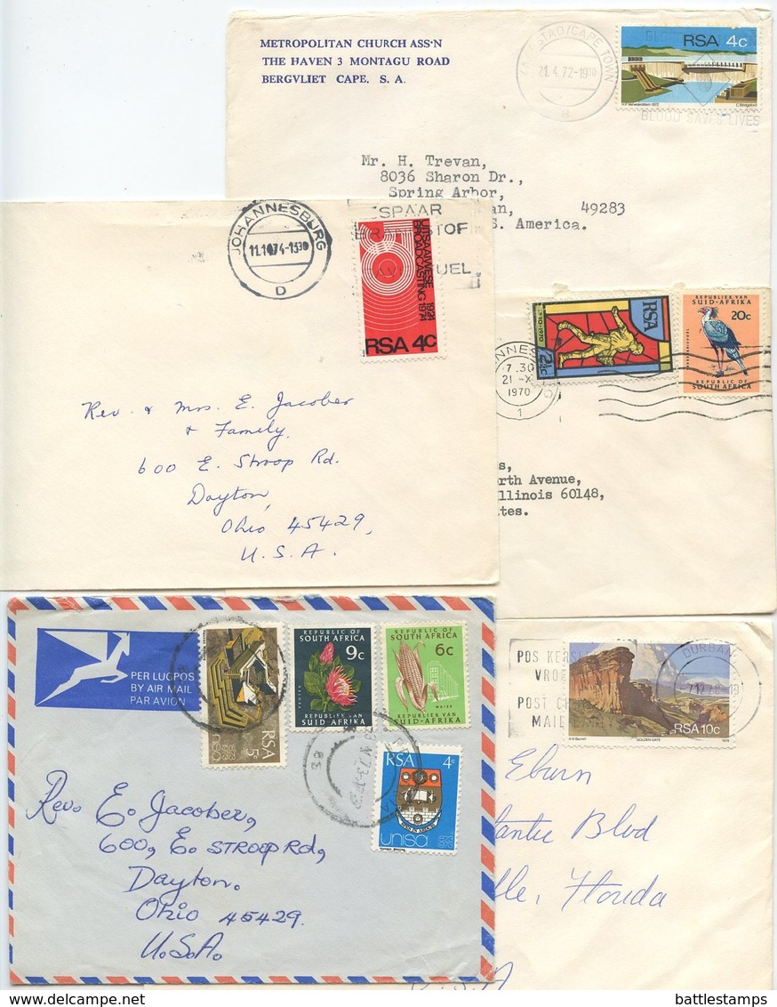 South Africa 1970‘s 5 Covers To U.S., Mix Of Stamps & Postmarks - Covers & Documents