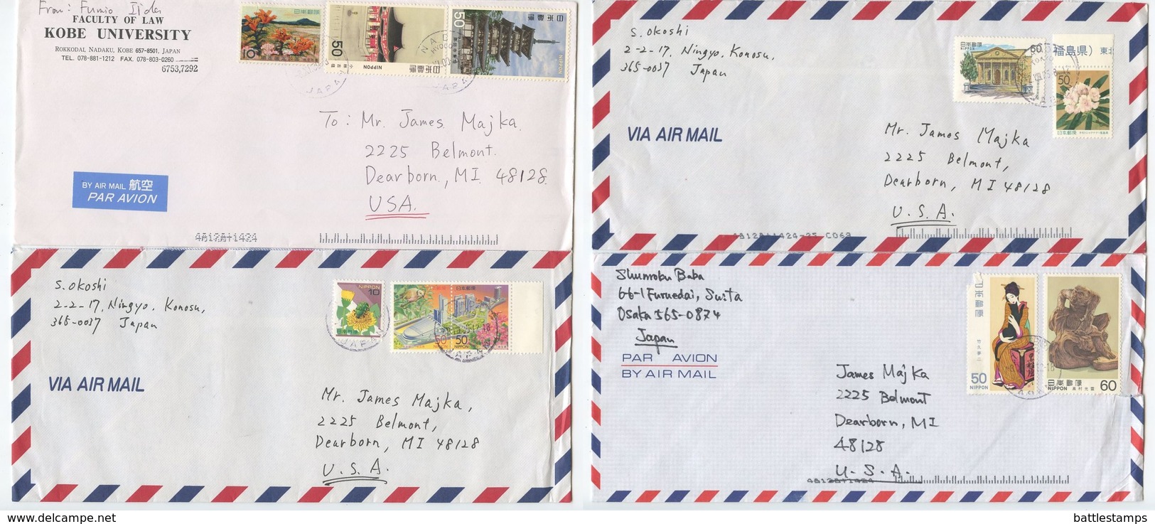 Japan 1980‘s 4 Airmail Covers To U.S., Mix Of Stamps & Postmarks - Covers & Documents