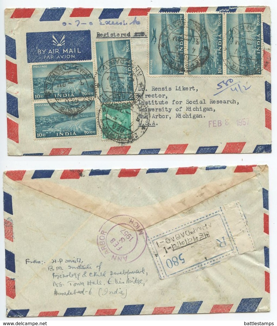 India 1957 Registered Airmail Cover Ahmedabad To Ann Arbor MI, Scott 259 & 263 - Covers & Documents