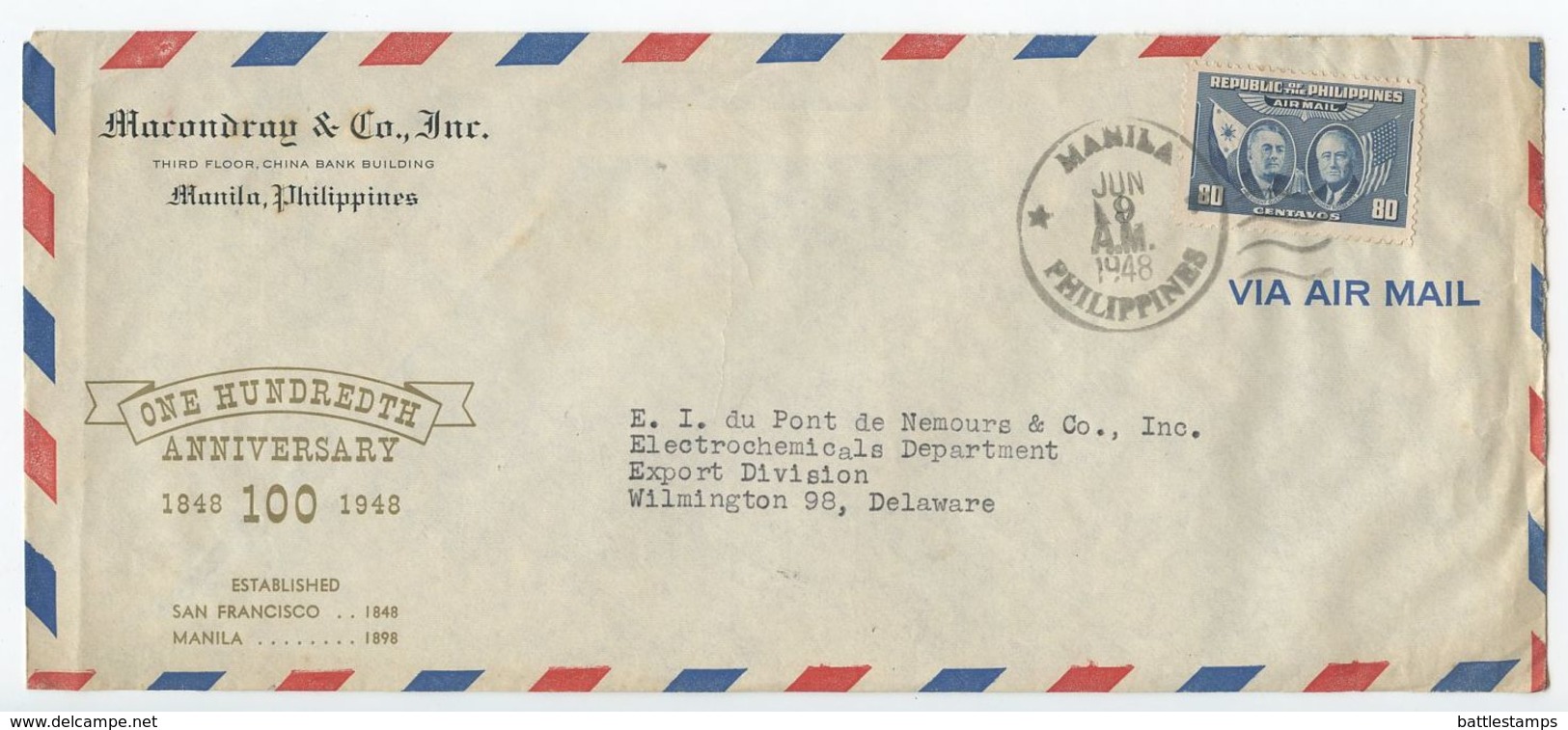 Philippines 1948 Airmail Cover Manila To Wilmington DE, Scott C66 - Philippines