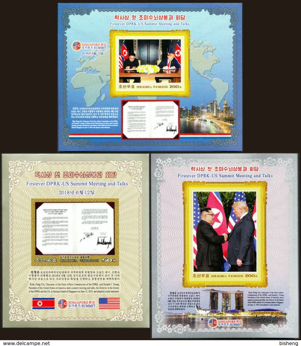 North Korea 2019 The First DPRK-US Summit Talks In Singapore Kim Jong-un And  President Trump  3 Imperf Souvenir Sheets - Corée Du Nord