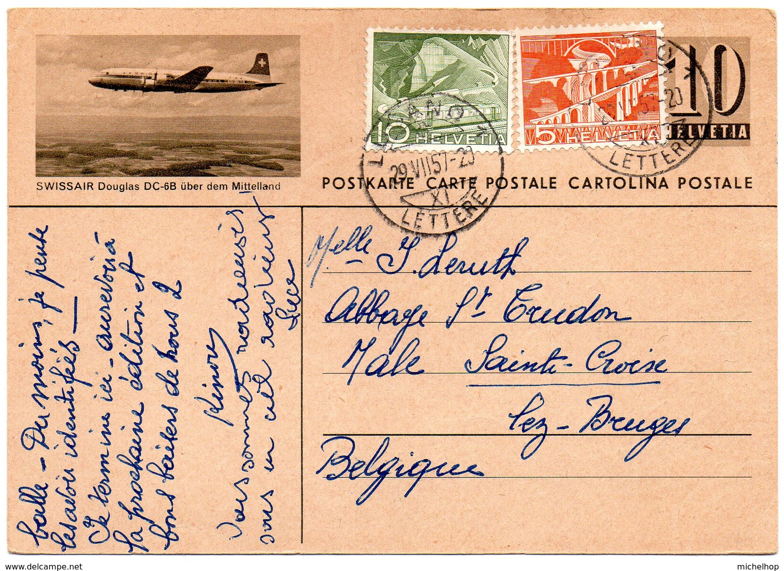 SUISSE - EP (SWISSAIR Douglas DC-6B) De Lugano Vers La Belgique - Stamped Stationery