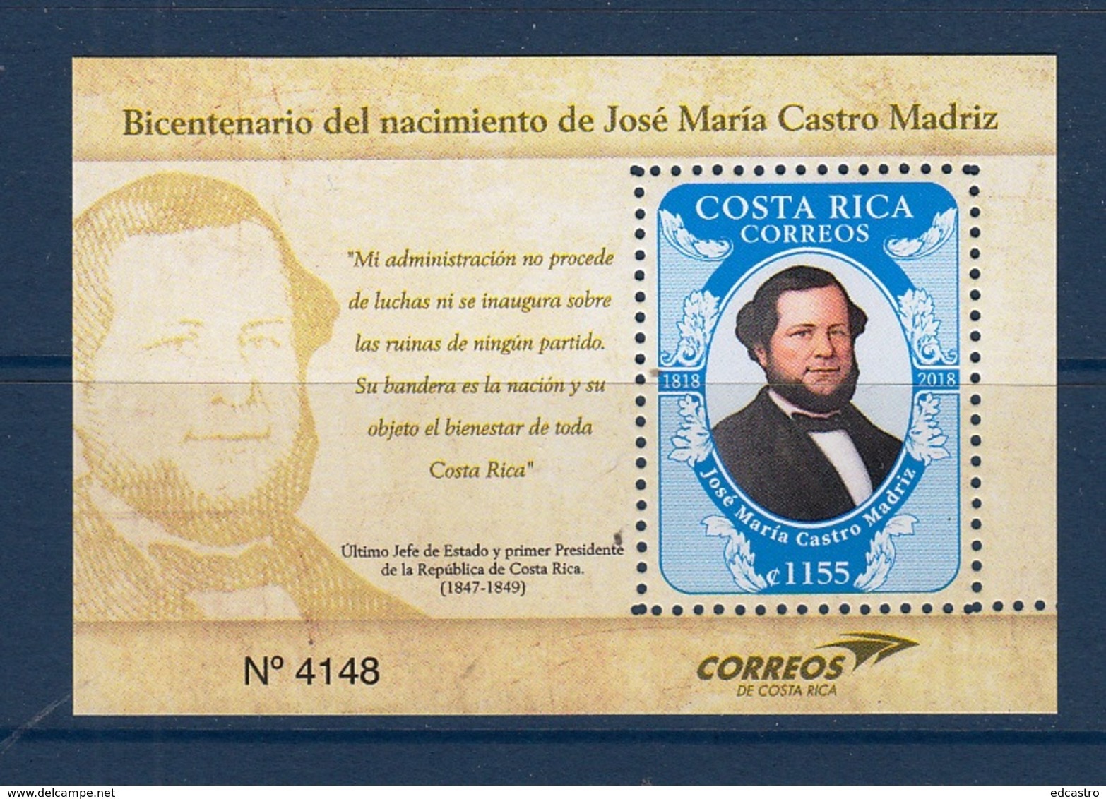 22.- COSTA RICA 2018 BIRTH OF JOSE MARIA CASTRO MADRIZ - BICENTENARY - Costa Rica