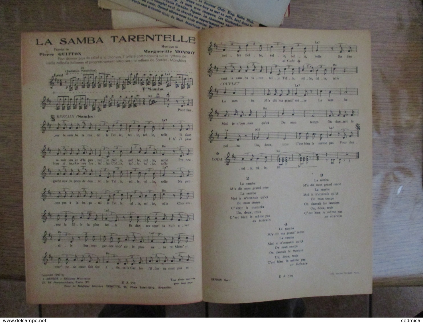 LA SAMBA TARENTELLE  PAROLES DE PIERRE GUITTON MUSIQUE DE MARGUERITE MONNOT 1950 - Partitions Musicales Anciennes