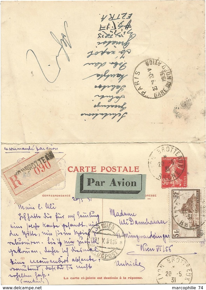 ENTIER 90C SEMEUSE CARTE AVEC REPONSE + N°260 REC AVION LYON 1931 POUR AUTRICHE + RETOUR MIXTE - Standard Postcards & Stamped On Demand (before 1995)