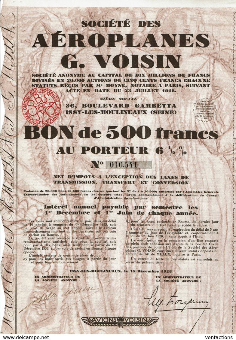 92-AEROPLANES G. VOISIN. ISSY Les MOULINEAUX. Bon 500 F 1928. DECO - Autres & Non Classés