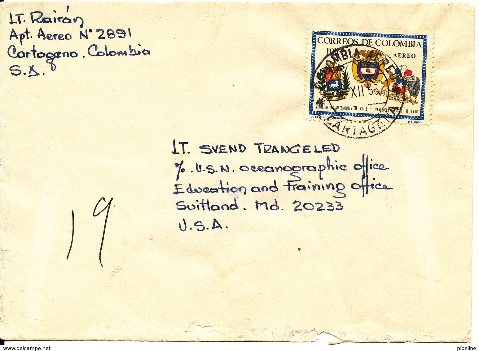 Colombia Cover Sent To USA 15-12-1966 Singla Franked (see The Bottom Of The Cover) - Colombia