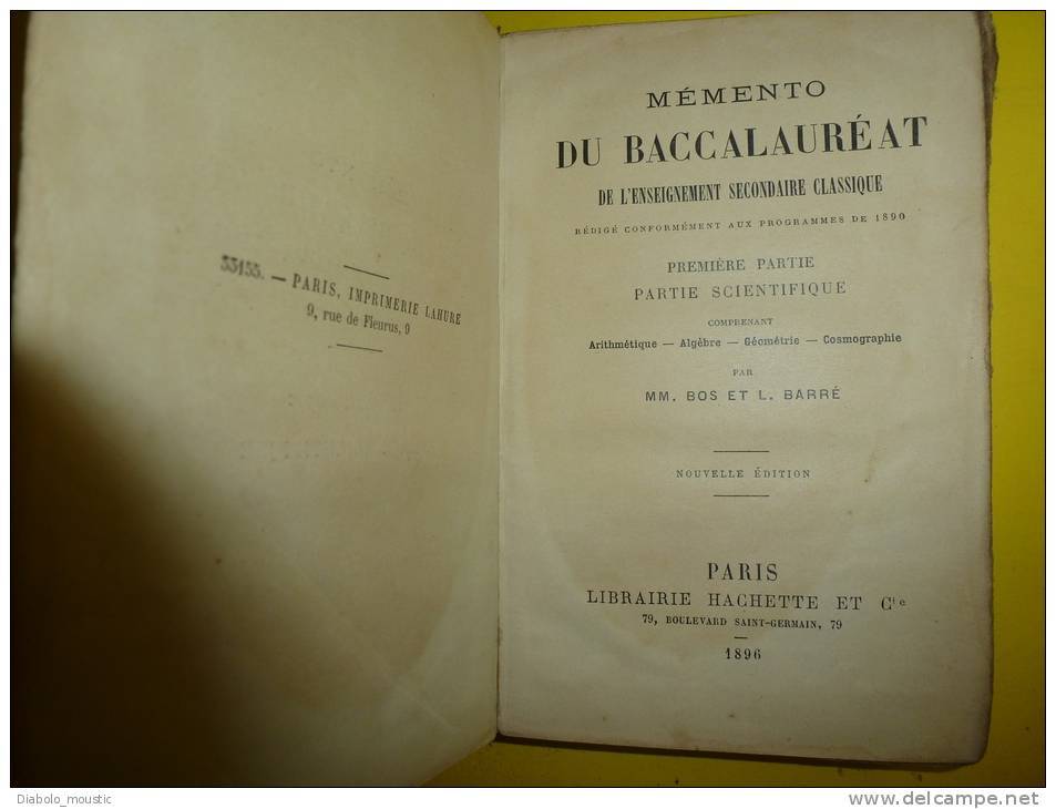 Année 1896  MEMENTO Du BACCALAUREAT  Partie Scientifique - 18 Ans Et Plus