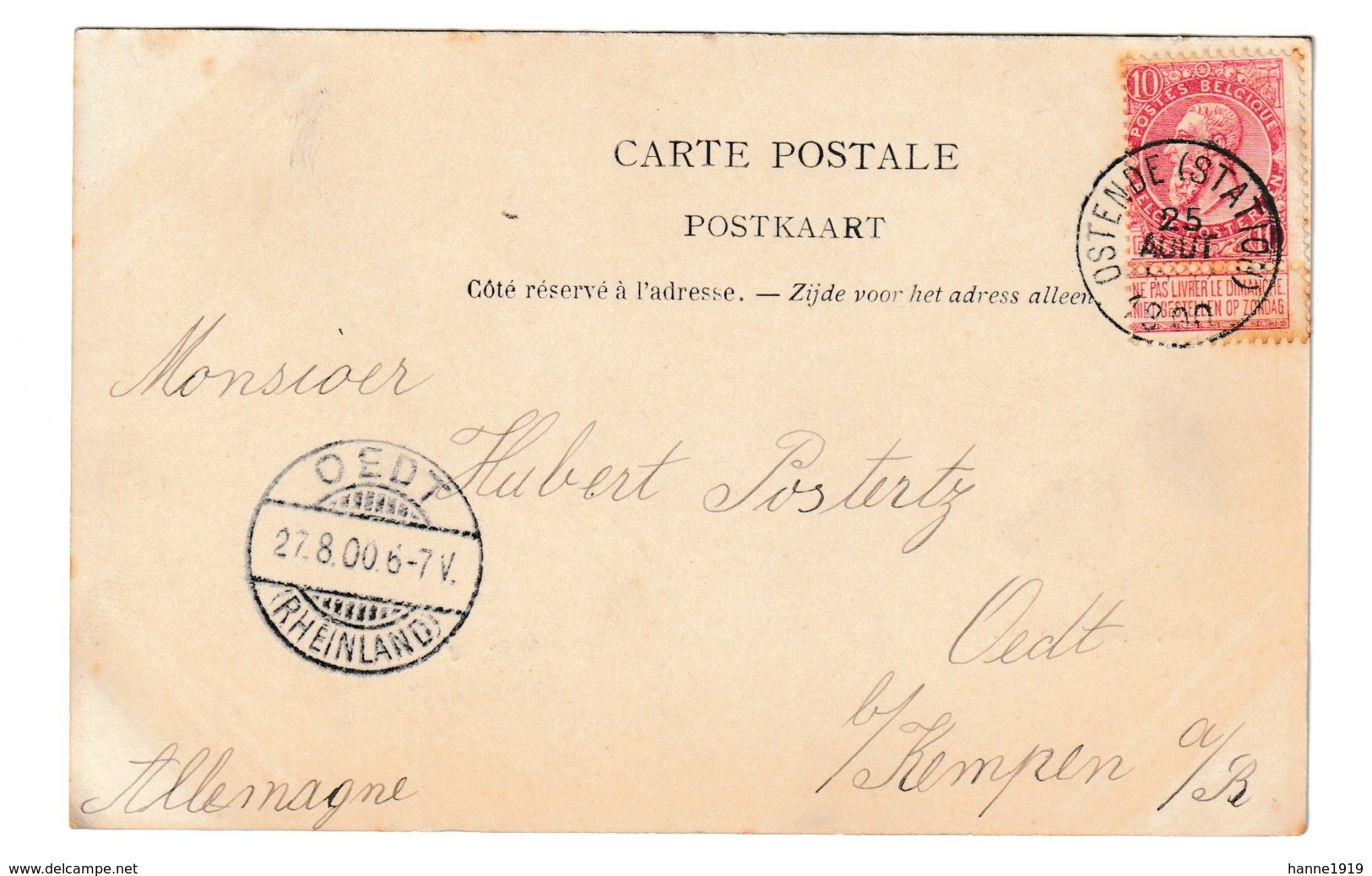 Oostende Dover Staketsel Boot Bateau Ship Boat Briefstempel Oedt Rheinland 1900 - Oostende