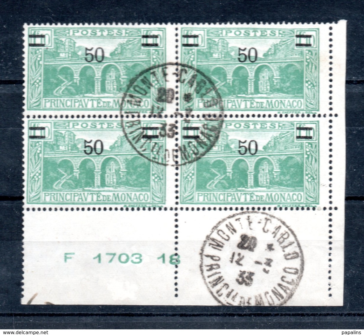 MONACO -- Bloc CdFde 4 Timbres 50 C. Surchargé 1 F.10 Vert Viaduc Sainte Dévote -- Càd Monte Carlo 12.3.1933 - Oblitérés