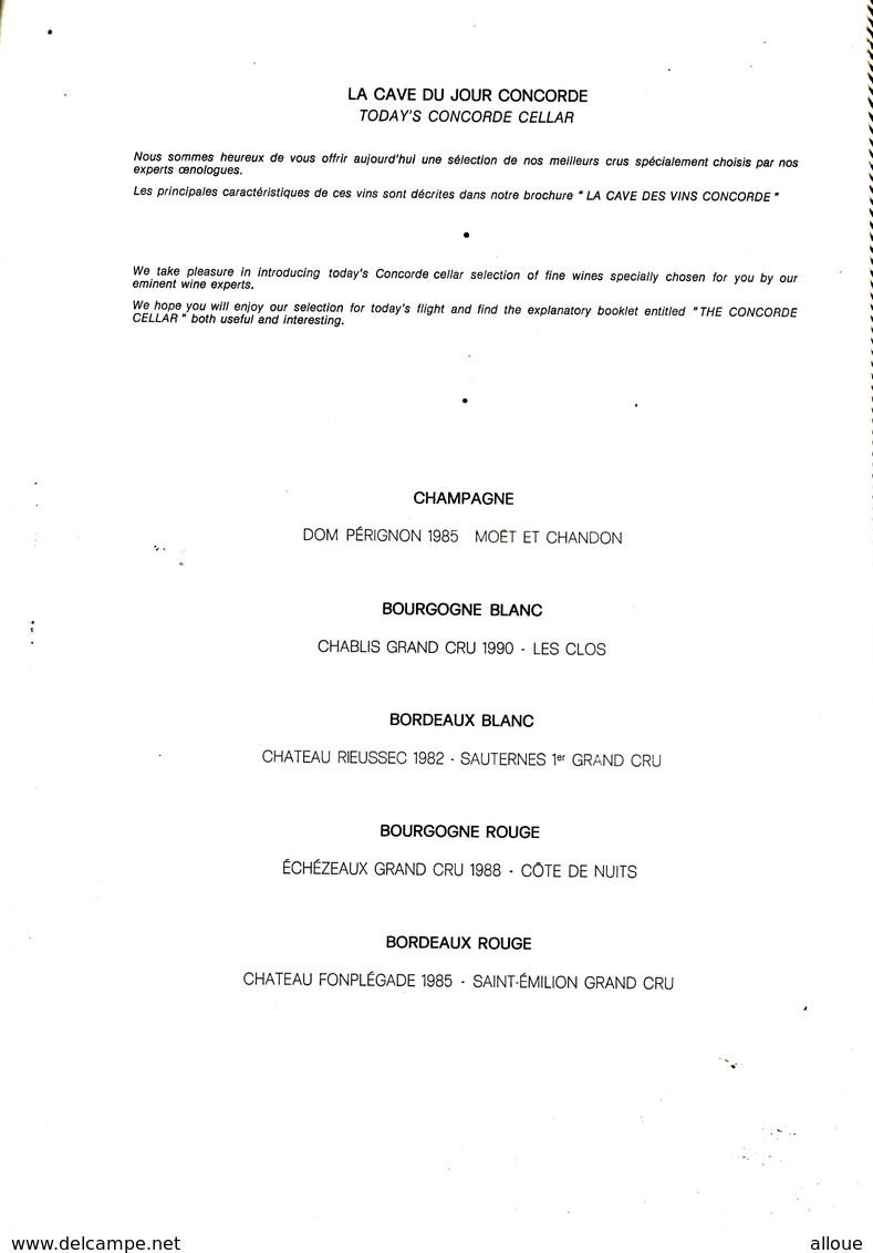 CONCORDE NEW YORK-PARIS AIR FRANCE- CARTE MENU DU 7 NOVEMBRE 1992 - Menus