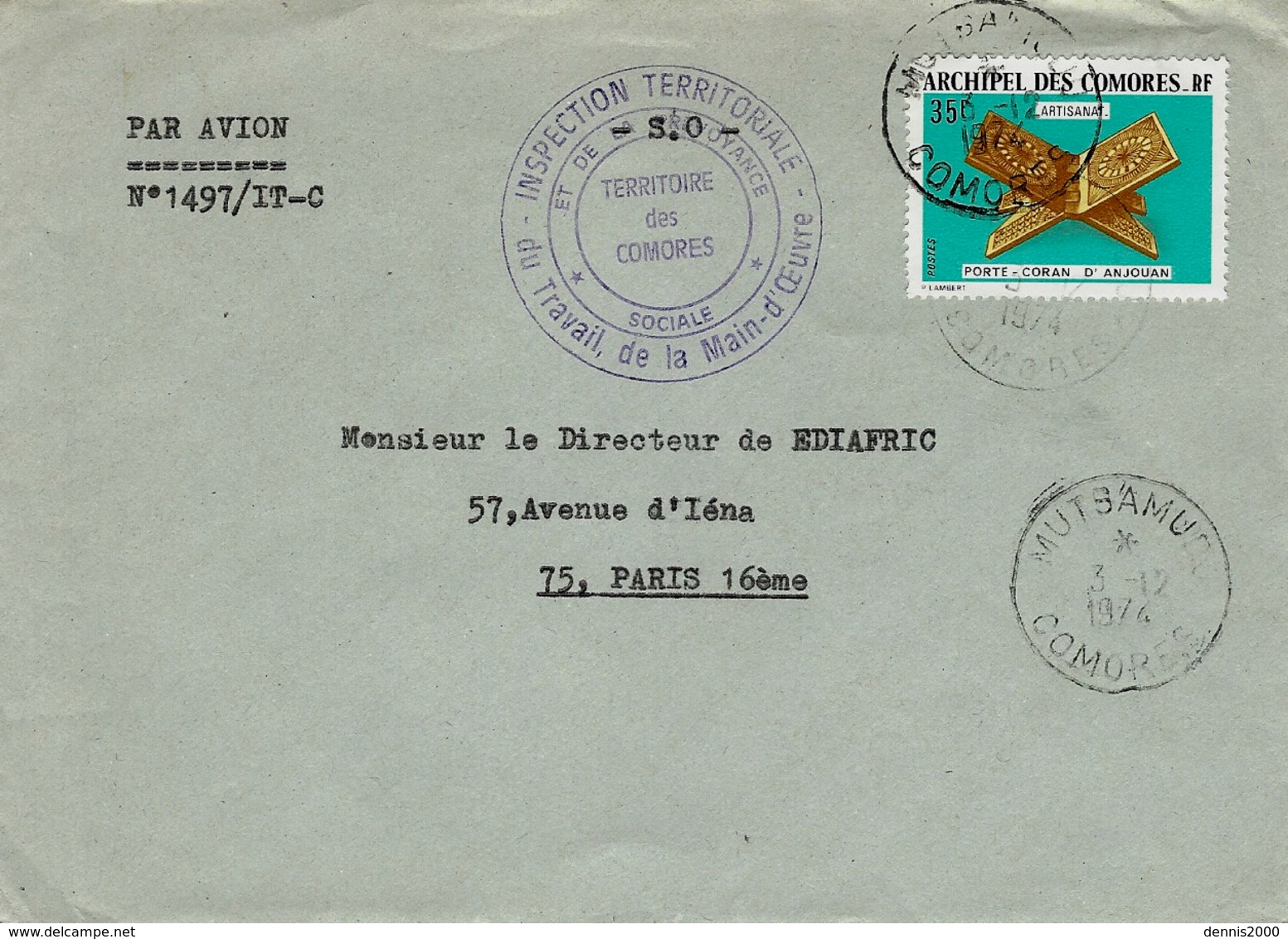 1974- Enveloppe De MUTSAMU  Affr. 35 F  Pour Paris - Briefe U. Dokumente