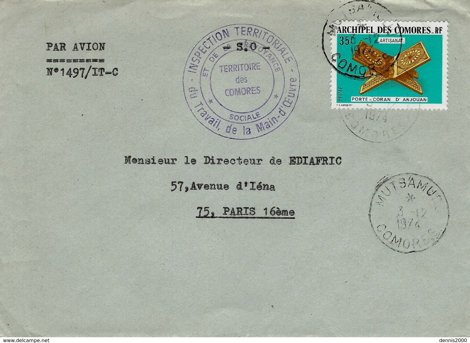 1974- Enveloppe De MUTSAMU  Affr. 35 F  Pour Paris - Lettres & Documents