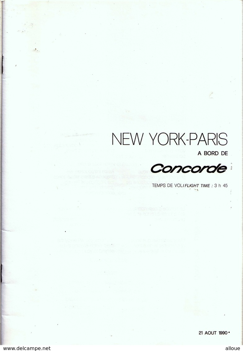 CONCORDE NEW YORK-PARIS AIR FRANCE- CARTE MENU DU 21 AOUT 1990 - Menus