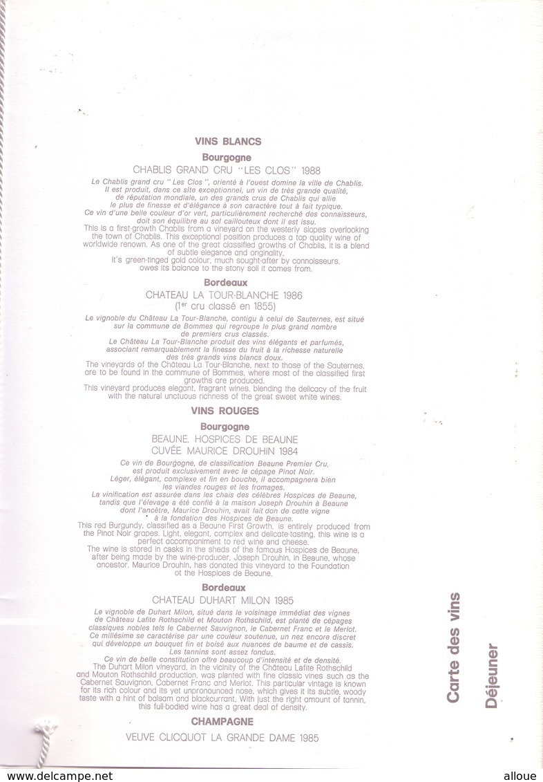 CONCORDE NEW YORK-PARIS AIR FRANCE- CARTE MENU DU 21 AOUT 1990