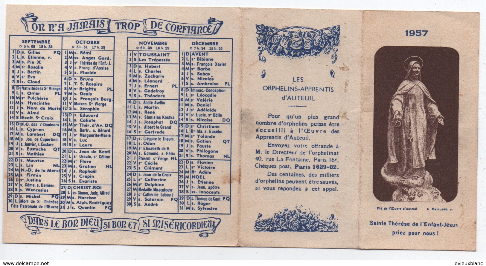 Petit Calendrier  De Poche/4 Volets Accordéon/Sainte Thérèse De L'Enfant Jésus/Orphelins Apprentis Auteui/ 1957   CAL440 - Autres & Non Classés