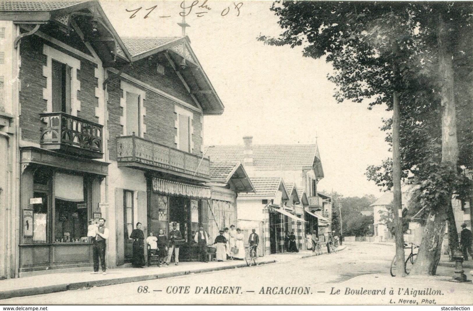 A VOIR ! ARCACHON L'AIGUILLON 1908 COMMERCE COIFFEUR ANIME BOULEVARD THEMES GIRONDE COMMERCES - Autres & Non Classés