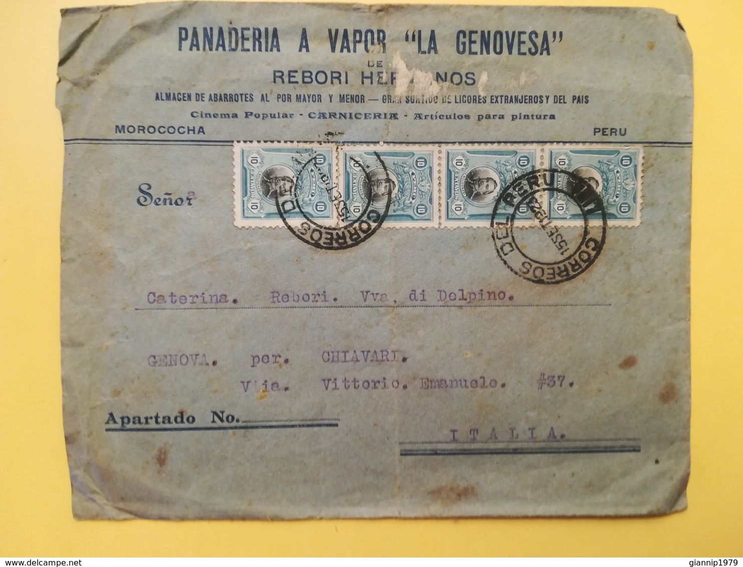 1923 BUSTA INTESTATA PERU BOLLO PERSONALITA BOLOGNESI PER ITALIA ANNULLO LIMA STORIA POSTALE PANADERIA LA GENOVESA - Perù