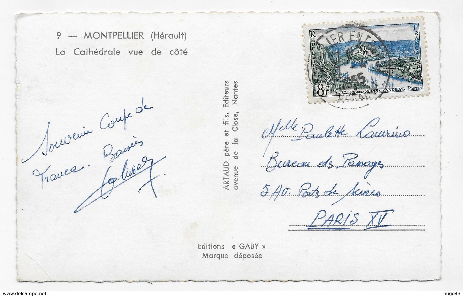 (RECTO / VERSO) MONTPELLIER EN 1955 - N° 9 - LA CATHEDRALE VUE DE COTE - BEAU TIMBRE - FORMAT CPA VOYAGEE - Montpellier