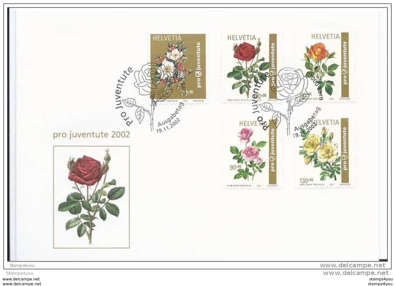 122 - 82 - Enveloppe Suisse Série Roses - Pro Juventute 2002 - Obli Spéciale 1er Jour - Roses