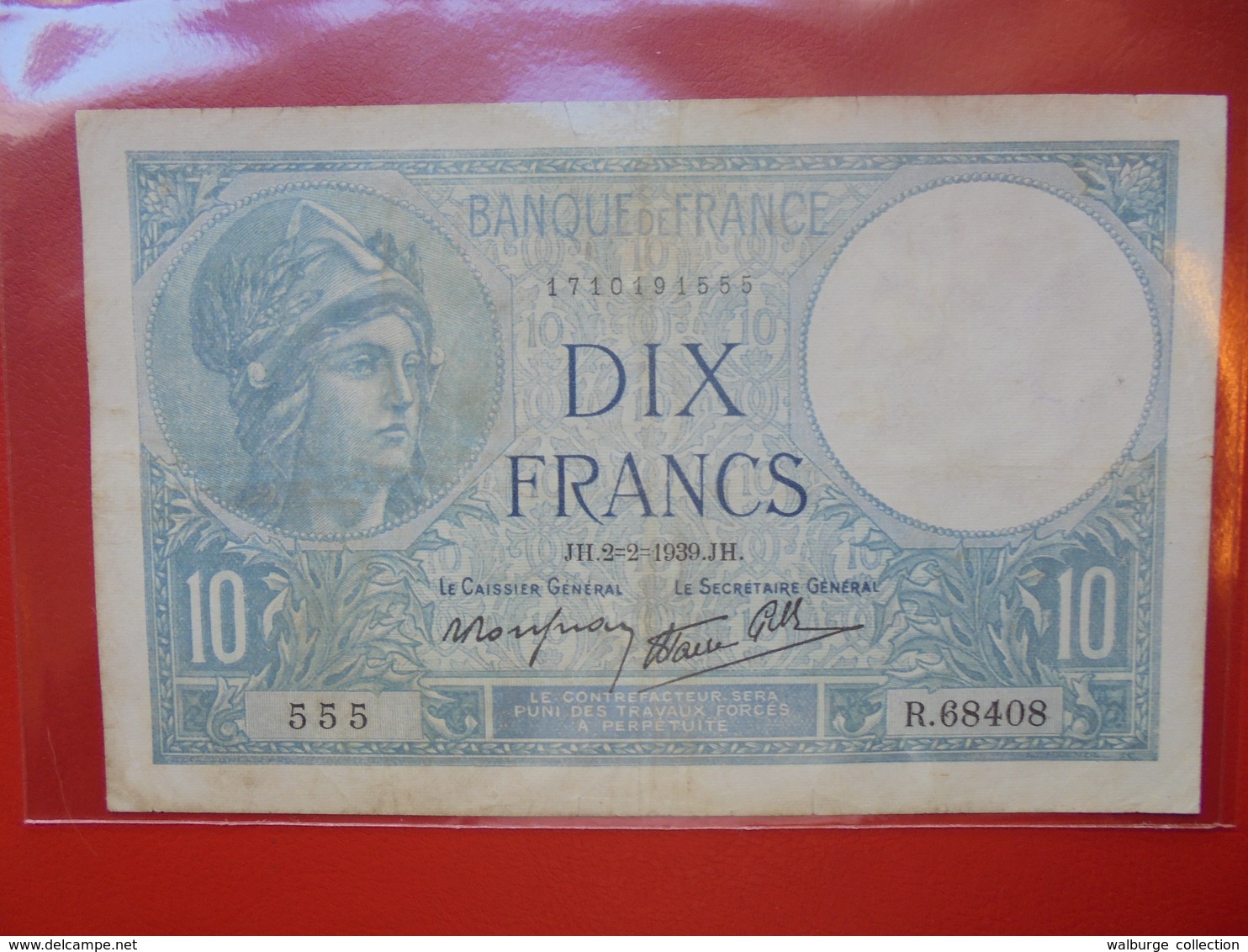 FRANCE 10 FRANCS 2-2-1939 CIRCULER (F.1) - 10 F 1916-1942 ''Minerve''