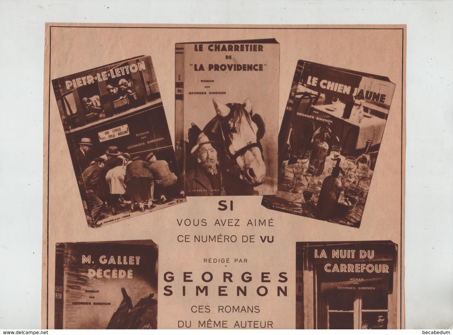 Publicité Georges Siménon Fayard Paris Peter Le Letton Le Charretier De La Providence Le Chien Jaune... - Publicités