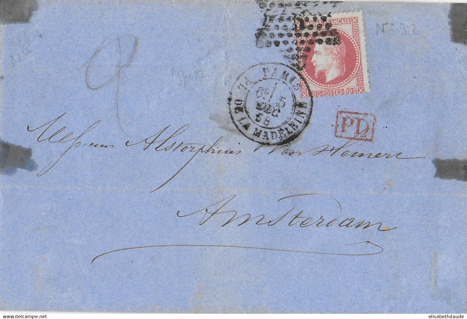 1868 - LETTRE SC 2° ECH De PARIS => AMSTERDAM (PAYS-BAS) - 1863-1870 Napoléon III Lauré