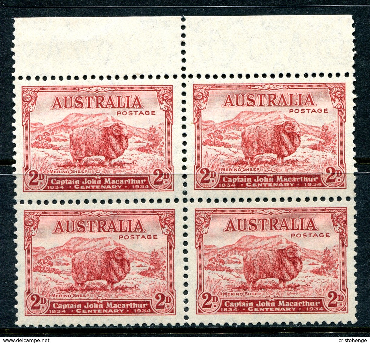 Australia 1934 Death Centenary Of Captain John Macarthur - 2d Carmine-red Block Of 4 MNH (SG 150) - Mint Stamps