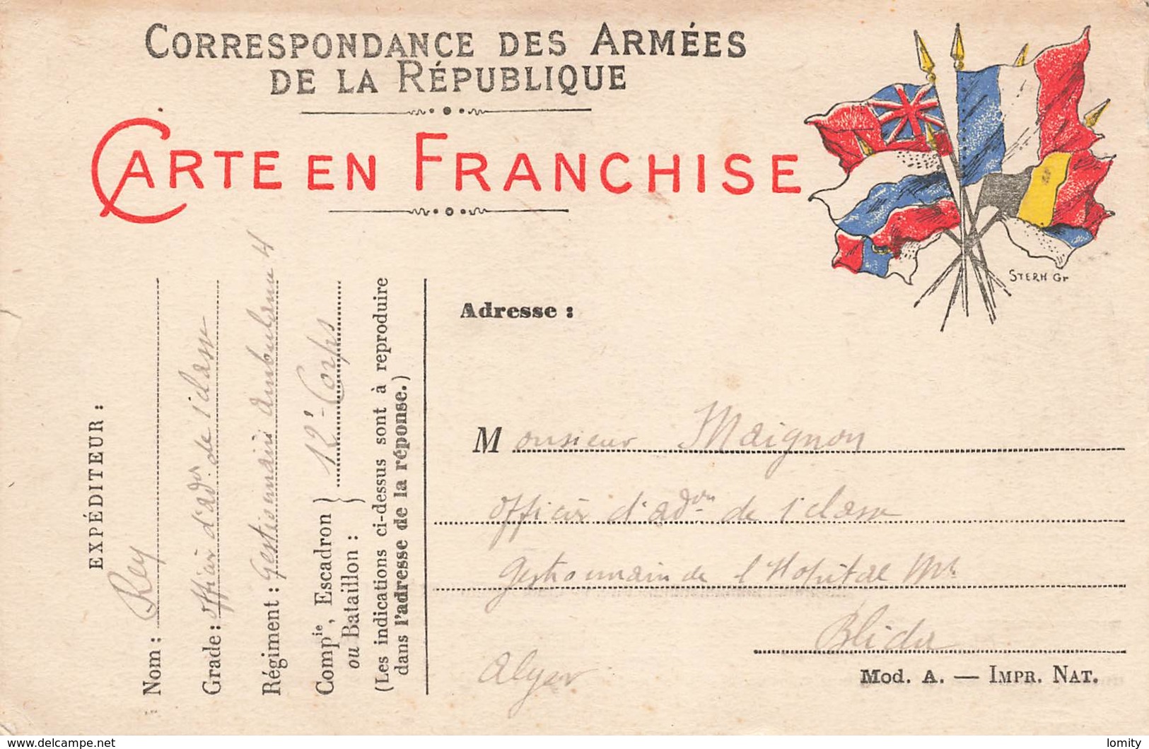 Carte Correspondance Franchise Militaire Rey Officier Administration 1ere Classe Gestionnaire Ambulance 12e Corps Armée - Guerre De 1914-18