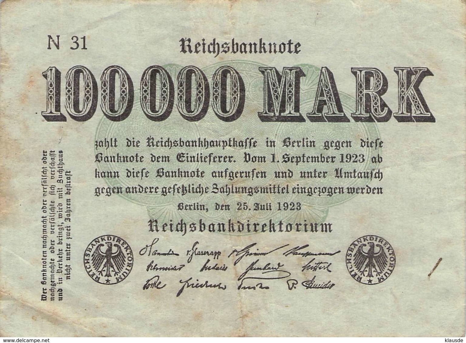 100.000 Mark Reichsbanknote N31 VG/G (IV) - 100.000 Mark