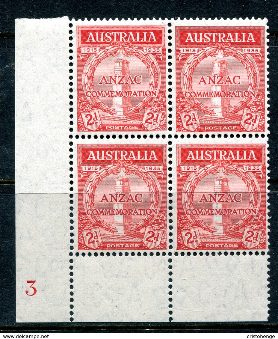 Australia 1935 20th Anniversary Of Gallipoli Landing - 2d Scarlet - Plate 3 Block Of 4 MNH (SG 154) - Mint Stamps