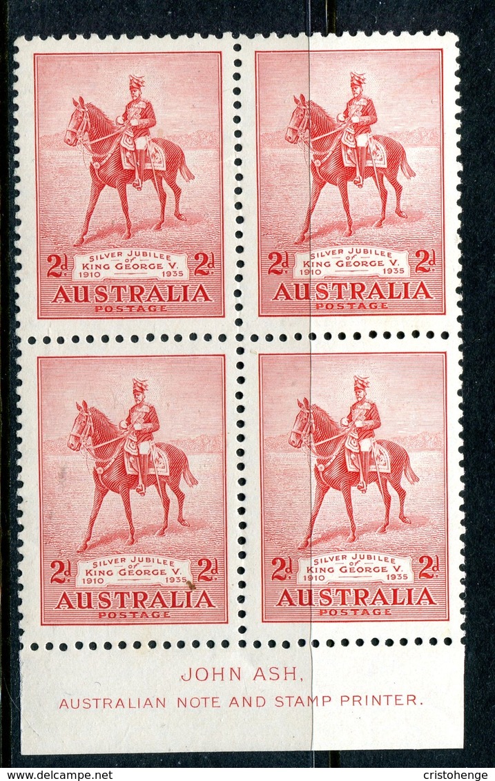 Australia 1935 KGV Silver Jubilee - 2d Scarlet John Ash Imprint Block MNH (SG 156) - Mint Stamps