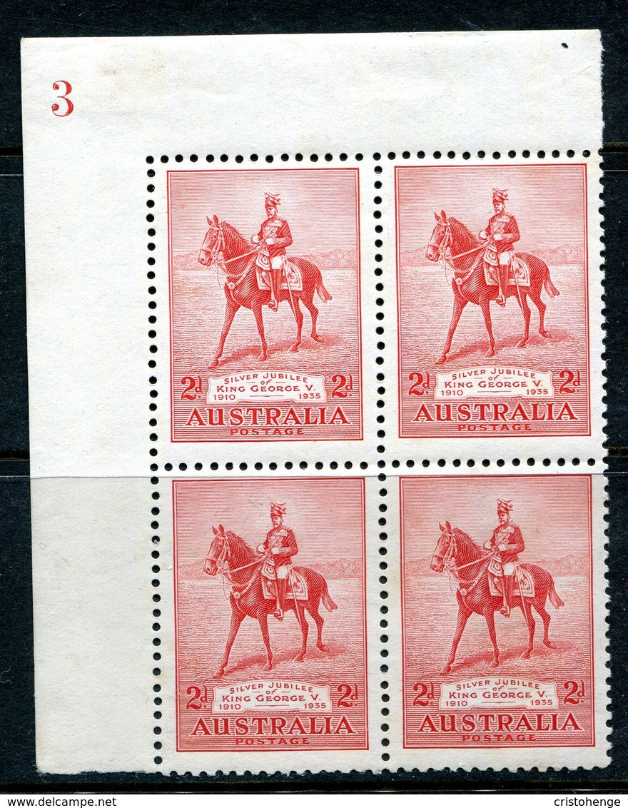 Australia 1935 KGV Silver Jubilee - 2d Scarlet Plate 3 Block Of 4 HM (SG 156) - Light Tone Spots - Mint Stamps