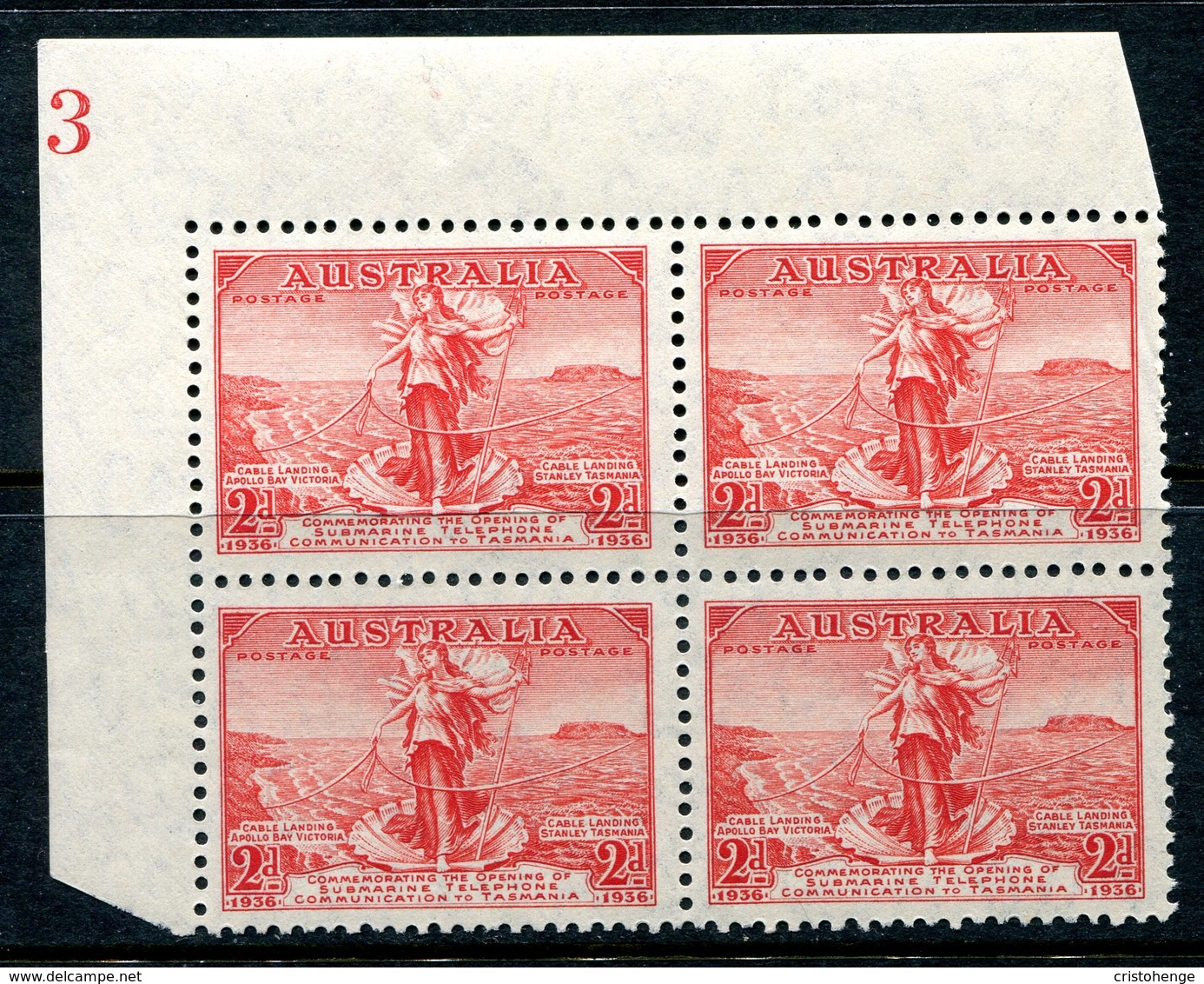 Australia 1936 Opening Of Submarine Telephone Link To Tasmania - 2d Scarlet Plate 3 Block Of 4 MNH (SG 159) - Mint Stamps