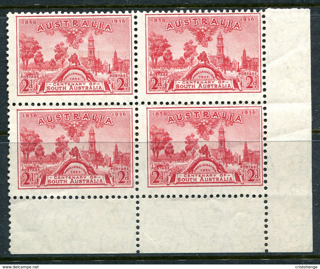 Australia 1936 Centenary Of South Australia - 2d Carmine Block Of 4 MNH (SG 161) - Ongebruikt