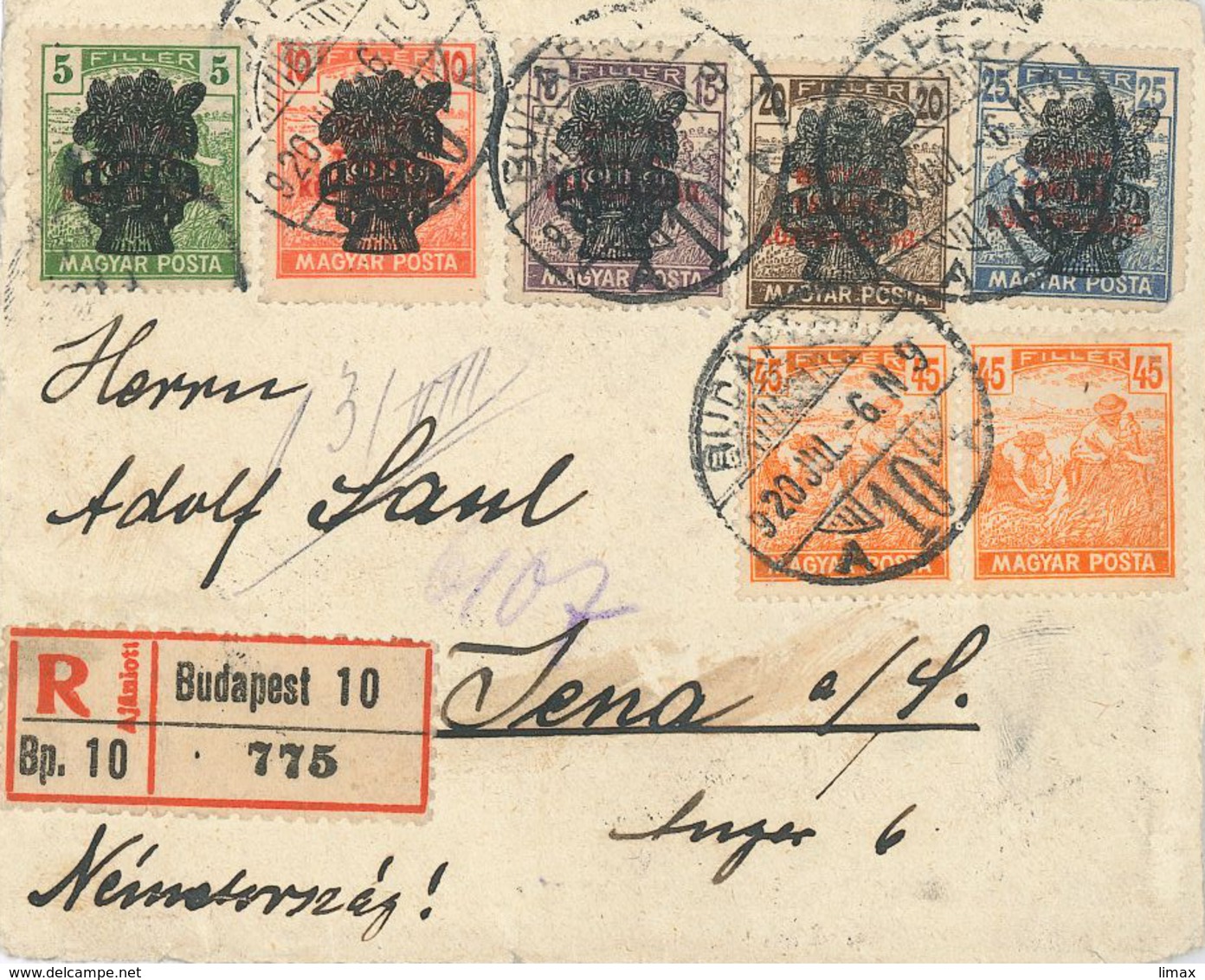 Briefvorderseite Budapest 1920 Marken Mit Überdruck R-Brief Nach Jena - Briefe U. Dokumente