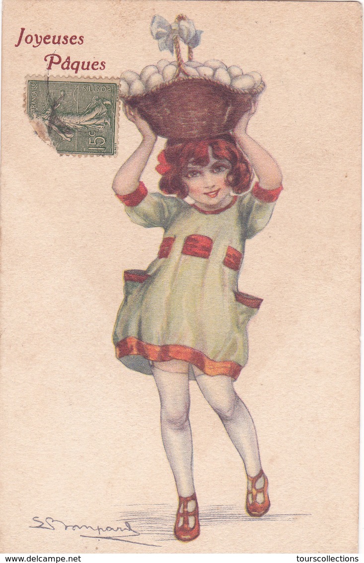 CPA Illustrée Par Bompard S. - Joyeuses Pâques - Panier à Oeufs Et Petite Fille En 1920 - Bompard, S.