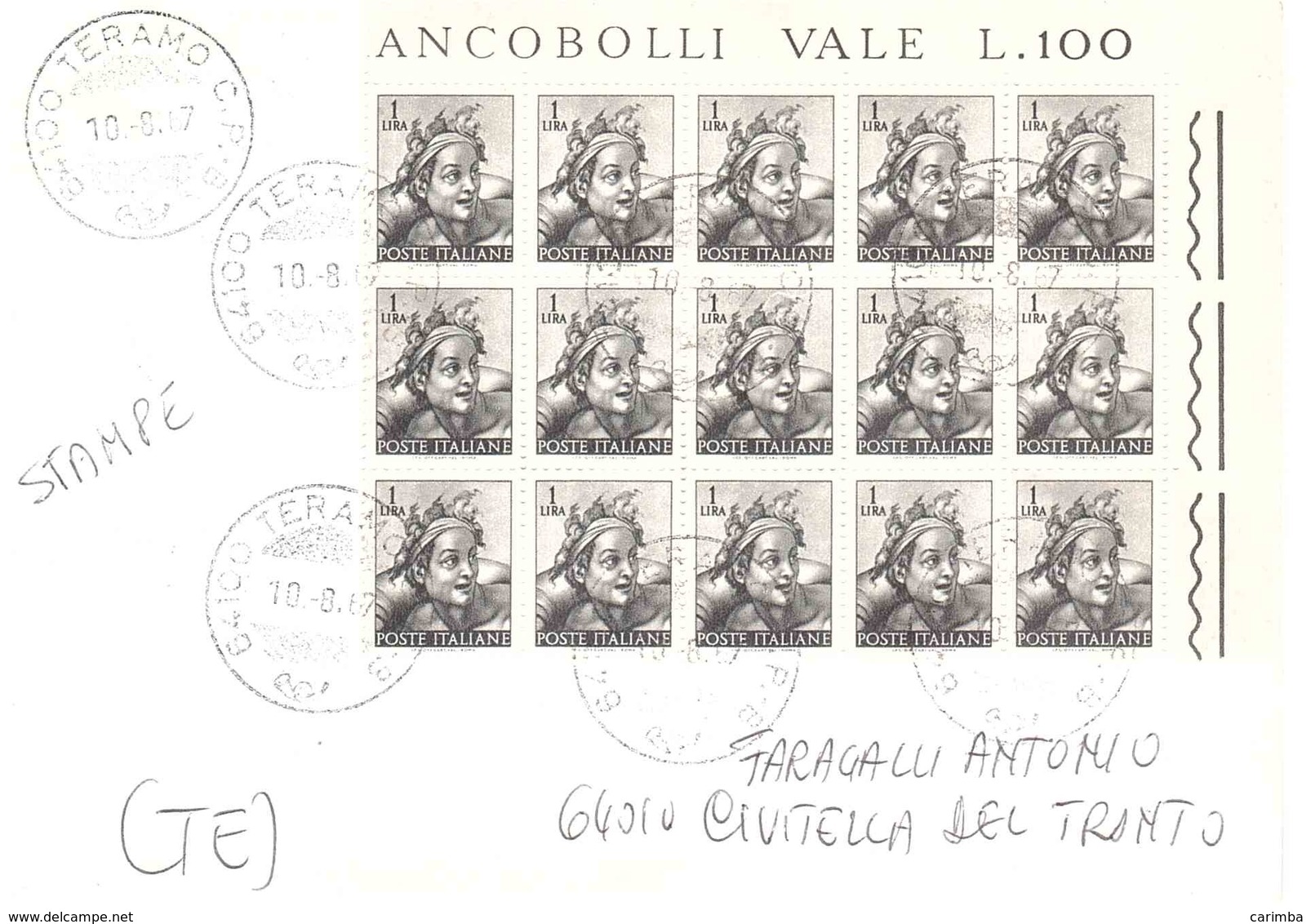 15 X £1 MICHELANGIOLESCA STAMPE DA TERAMO A CIVITELLA DEL TRONTO - 1961-70: Marcofilie