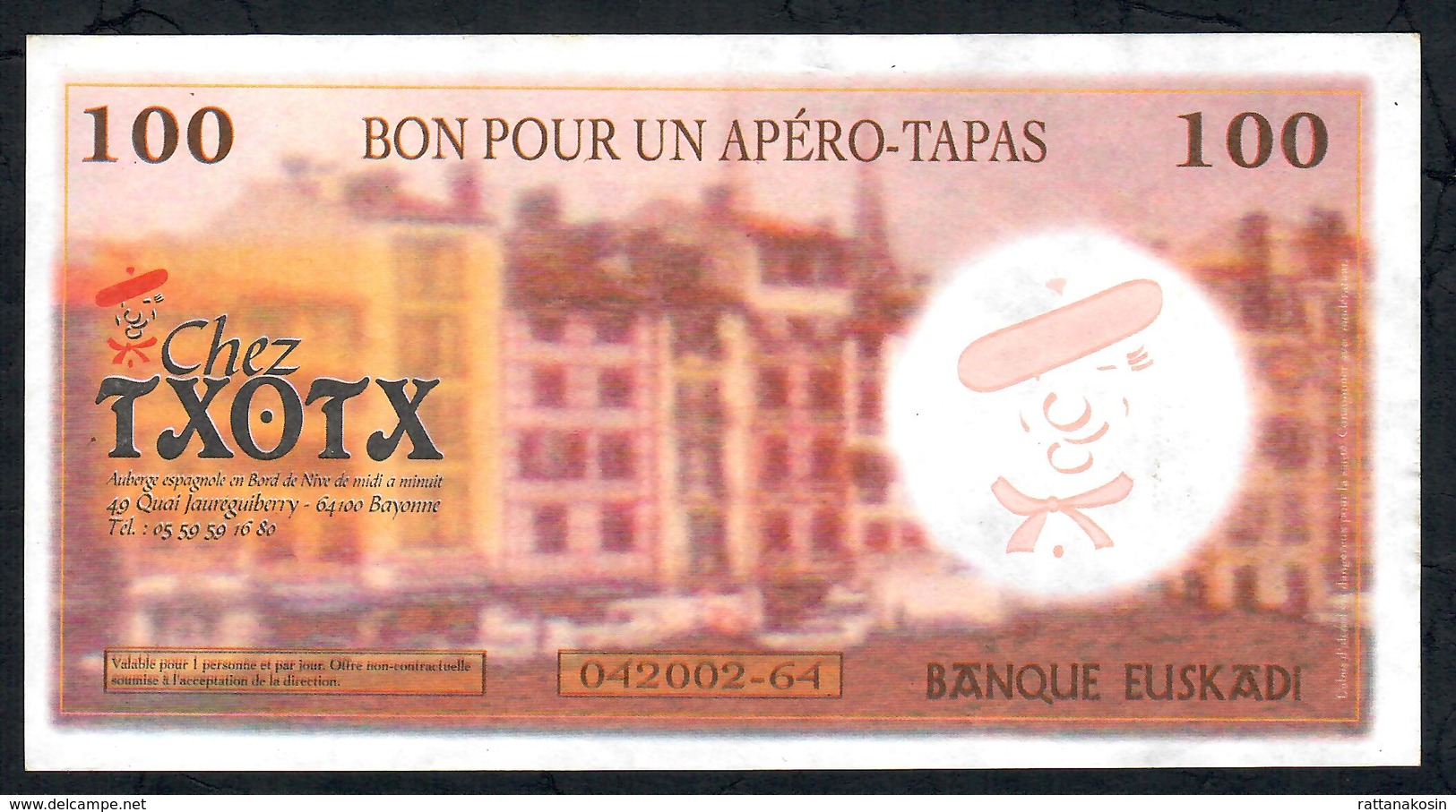 FRANCE FANTASY BANQUE EUSKADI 100 EUSKALS BON POUR APERO-TAPAS 2002 (?) AU-UNC. - Autres & Non Classés