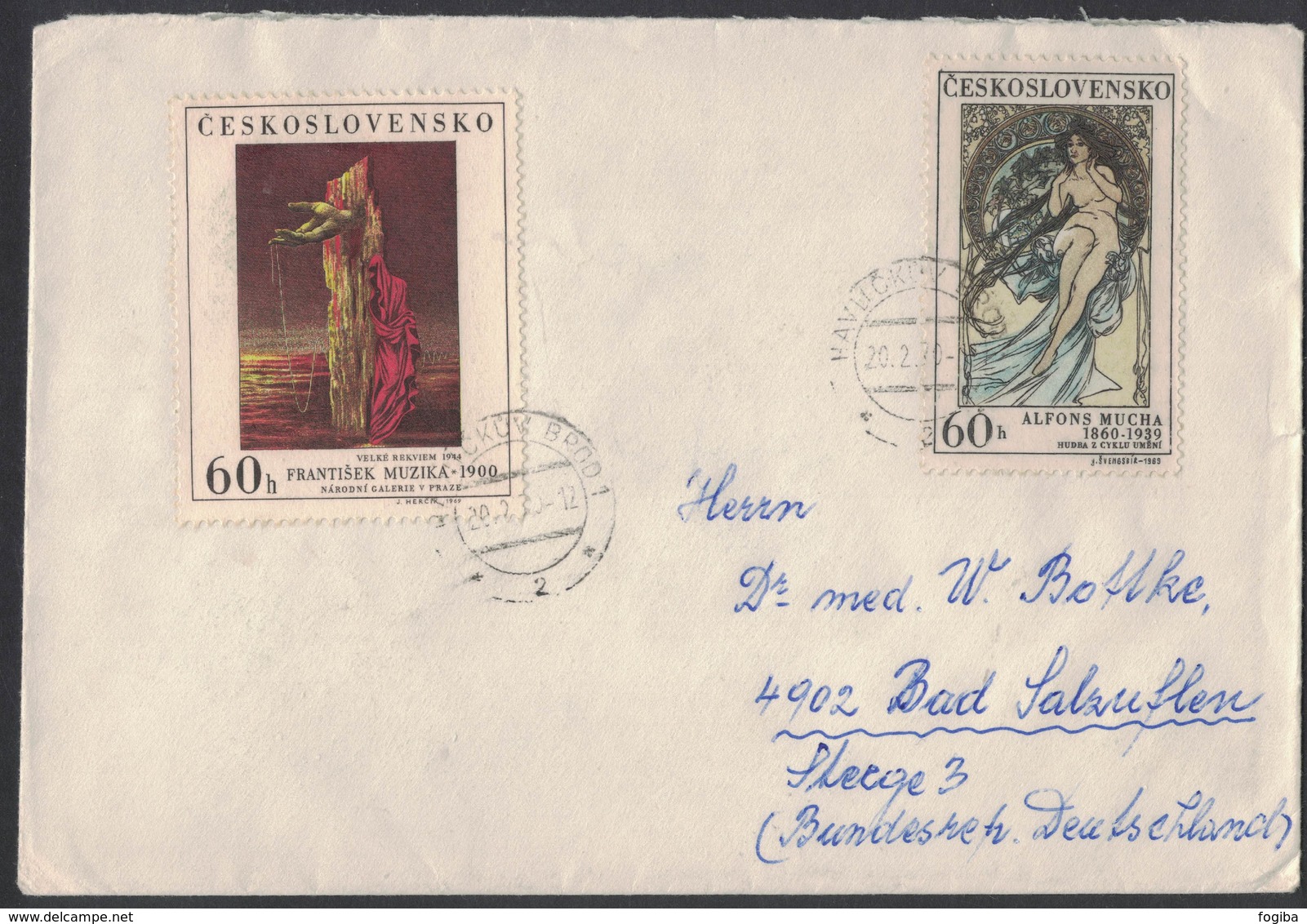 RB42  Czechoslovakia 1970 Cover To Germany, 2 Stamps, Alfons Mucha / Frantisek Muzica - Storia Postale