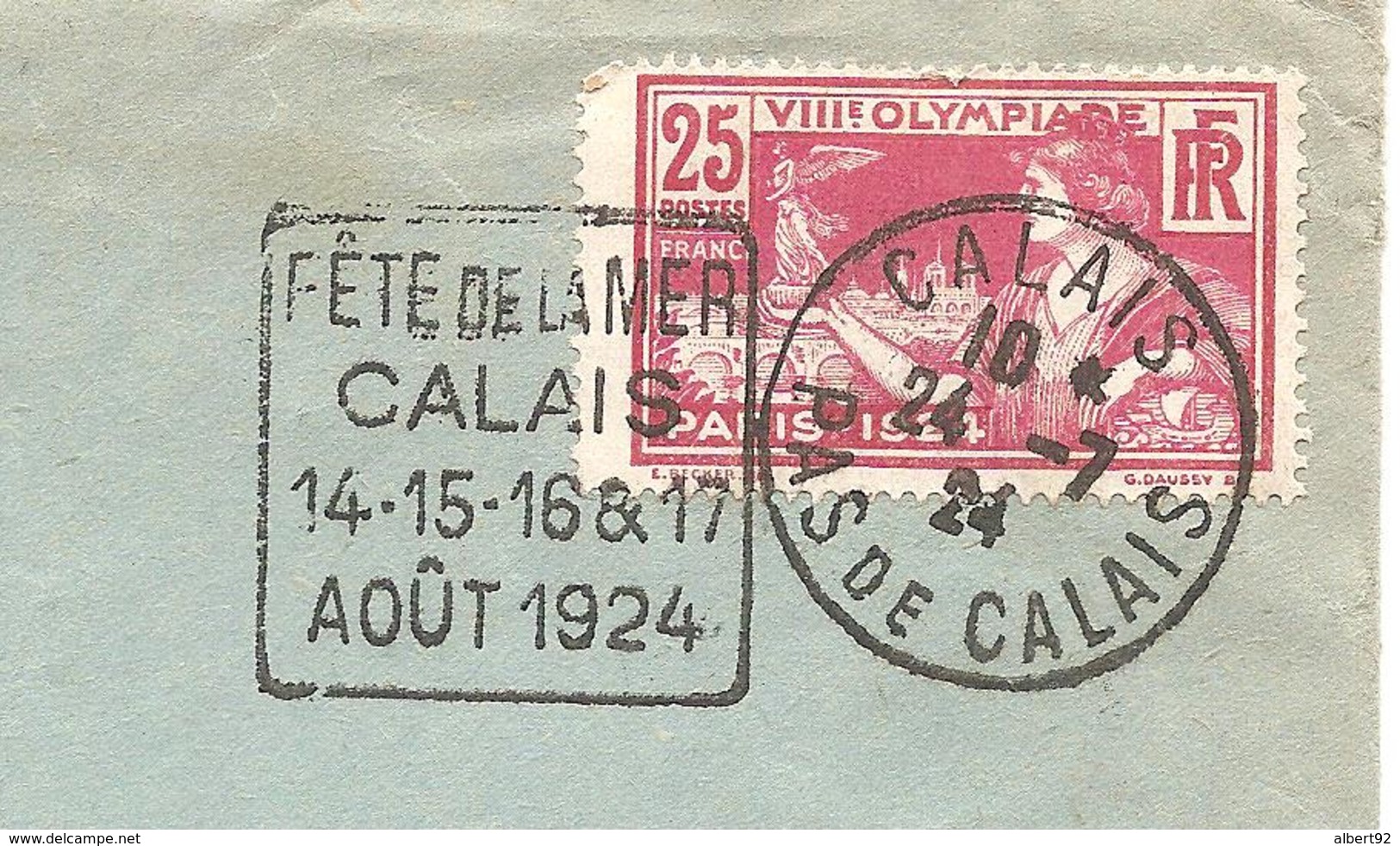 1924 "Fêtes De La Mer .Calais" Flamme Daguin Sur Yv184 "Jeux Olympiques Paris" - Mechanical Postmarks (Advertisement)