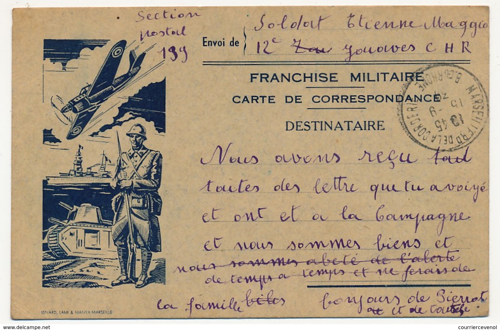 Carte De Franchise Militaire - Edition Privée Marseillaise - Char, Soldat, Bateau, Avion - 1939 - Covers & Documents