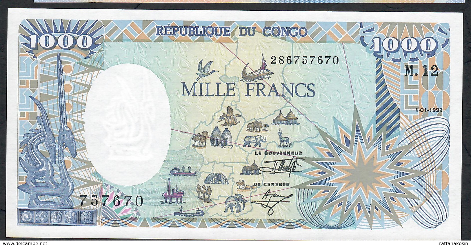CONGO REPUBLIC P11 1000 FRANCS 1992 UNC. - Republik Kongo (Kongo-Brazzaville)