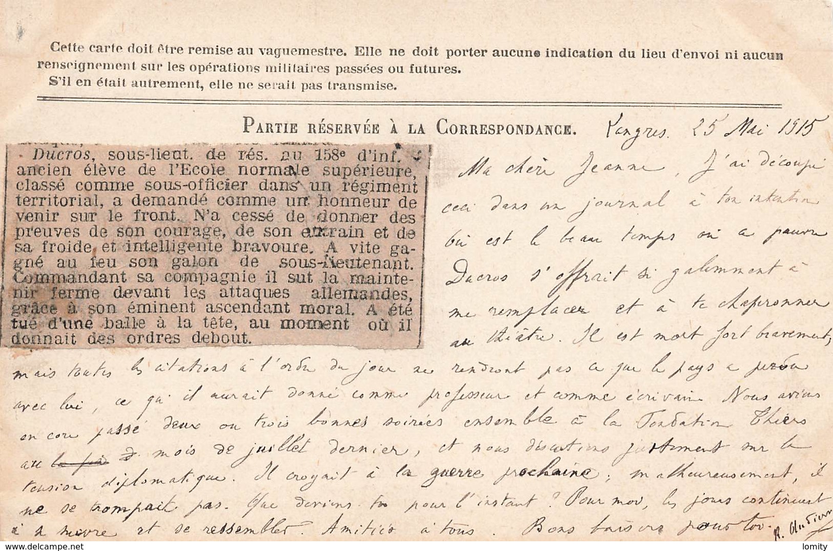 Carte Correspondance Franchise Militaire 1915 Article Presse Relatant Mort Ducros Sous Lieutenant 158 Rgt Infanterie - WW I