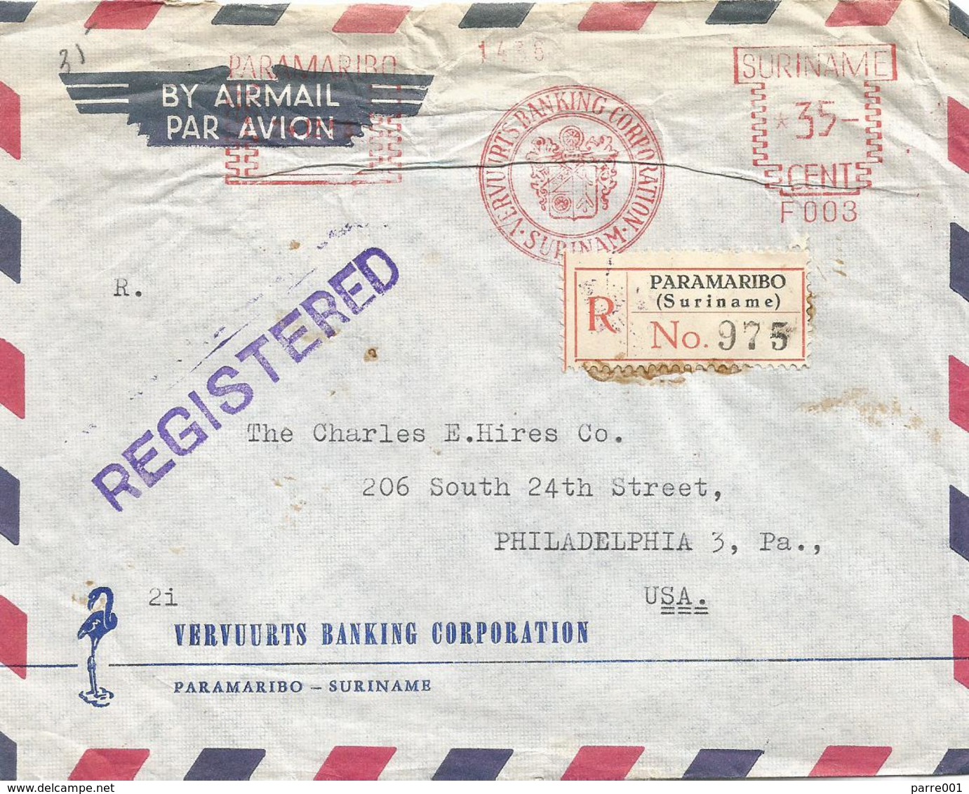 Suriname 1958 Paramaribo Meter Francotyp “C” F003 Slogan Vervuurts Banking Corp. Registered Cover - Suriname ... - 1975