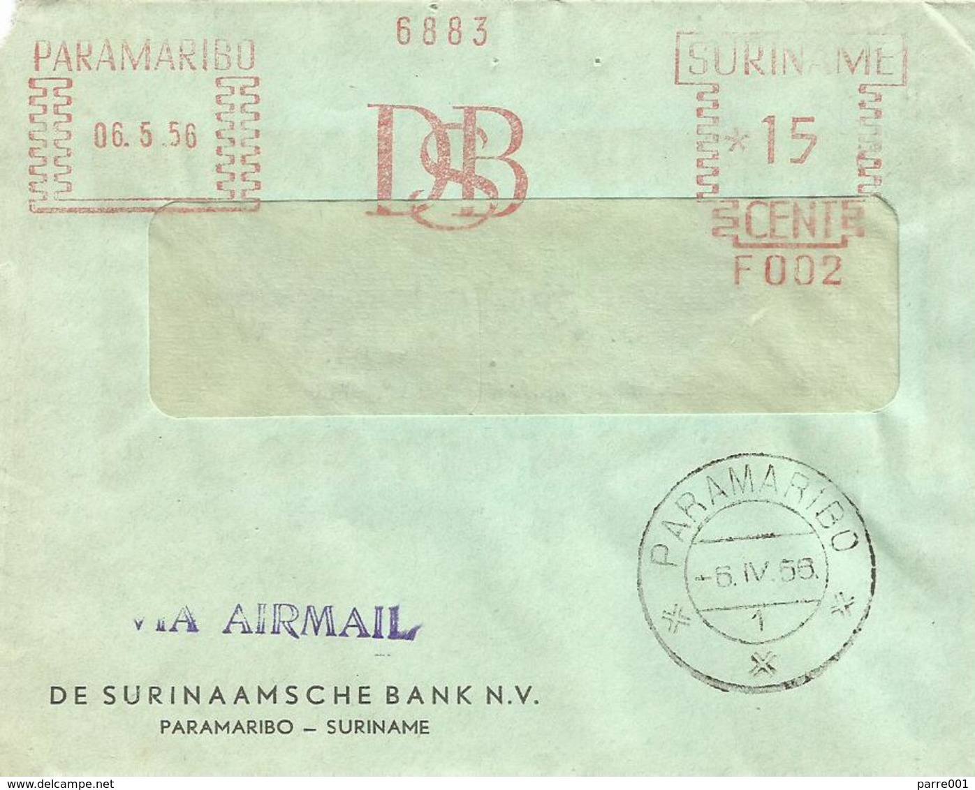 Suriname 1956 Paramaribo Meter Francotyp “C” F002 Slogan DSB Bank Cover - Suriname ... - 1975