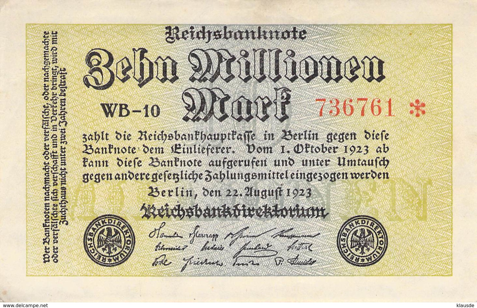 10 Mio Mark Reichsbanknote VF/F (III) WB-10 - 5 Millionen Mark