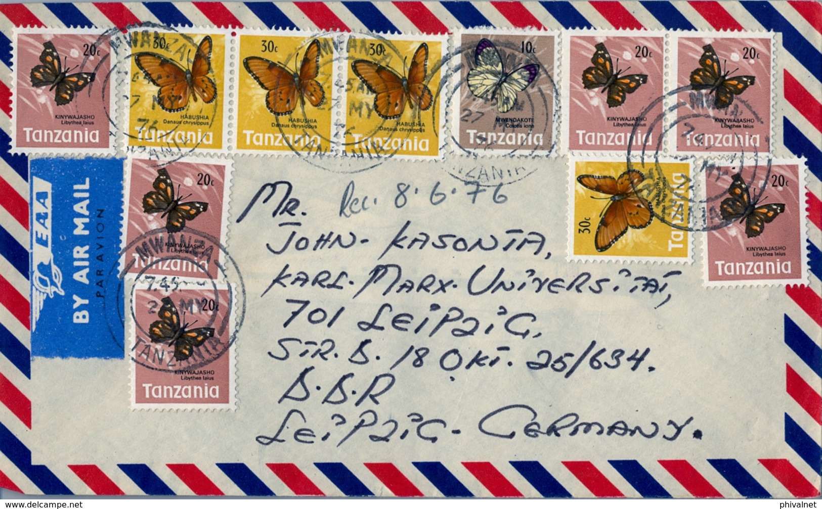 1976 , TANZANIA , SOBRE CIRCULADO MWANZA - BASILEA ,  BÁSICA MARIPOSAS , BUTTERFLIES , PAPILLON - Tanzania (1964-...)